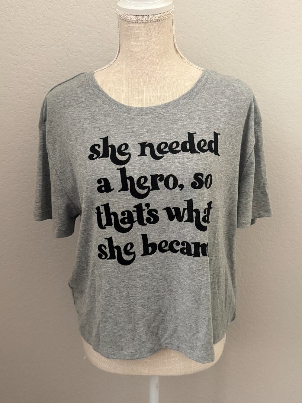 Mia Joy by Joyfolie Gray Graphic Tee NWT "She Needed a Hero" Graphic Casual S